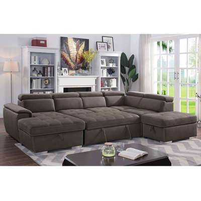 U-vormige slaapbank met uittrekbaar bed en opslagstoel stoeltje lounge en verstelbare hoofdsteunen, Ash Brown Nubuck stof