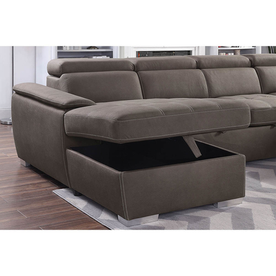 U-vormige slaapbank met uittrekbaar bed en opslagstoel stoeltje lounge en verstelbare hoofdsteunen, Ash Brown Nubuck stof