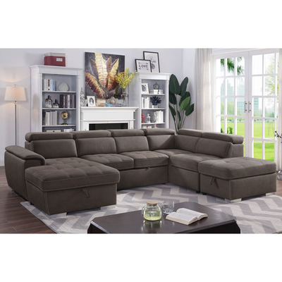 U-vormige slaapbank met uittrekbaar bed en opslagstoel stoeltje lounge en verstelbare hoofdsteunen, Ash Brown Nubuck stof