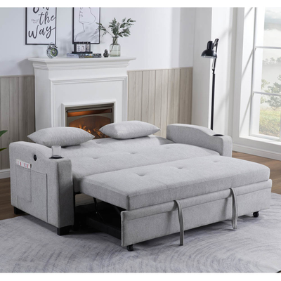 Queen size convertible slaapbank bed, comfortabel uittrekbed met verstelbare rugleuning en USB-oplaadpoort en bekkenhouders, Futon-bankbed, grijs stof