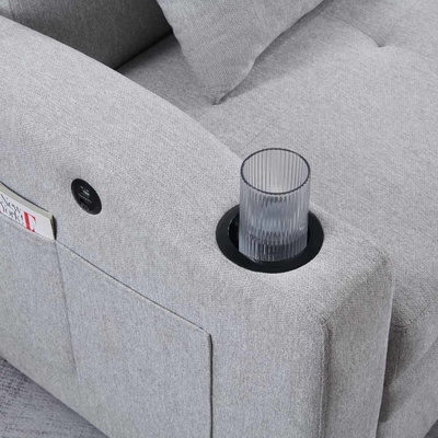 Queen size convertible slaapbank bed, comfortabel uittrekbed met verstelbare rugleuning en USB-oplaadpoort en bekkenhouders, Futon-bankbed, grijs stof
