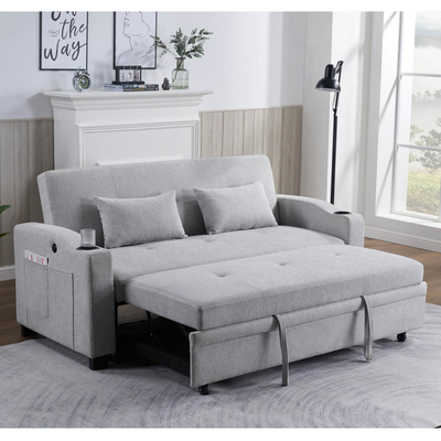 Queen size convertible slaapbank bed, comfortabel uittrekbed met verstelbare rugleuning en USB-oplaadpoort en bekkenhouders, Futon-bankbed, grijs stof