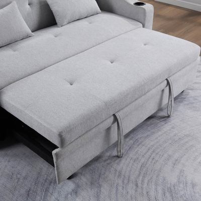 Queen size convertible slaapbank bed, comfortabel uittrekbed met verstelbare rugleuning en USB-oplaadpoort en bekkenhouders, Futon-bankbed, grijs stof