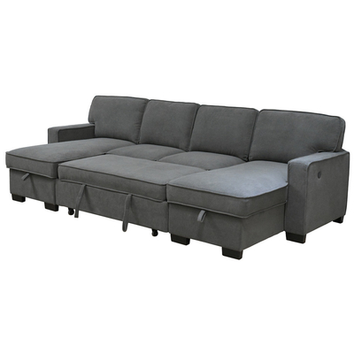 U-vormige sectioneel geslaapde bank met uittrekbaar bed en opslagstoel en USB-oplaadpoort en 1 omkeerbare drop-down tafel, grijs chenille