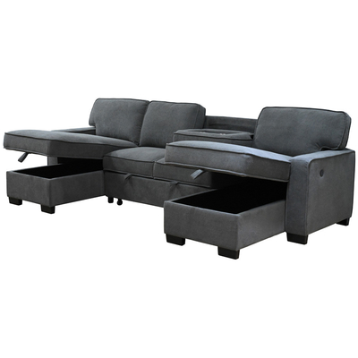 U-vormige sectioneel geslaapde bank met uittrekbaar bed en opslagstoel en USB-oplaadpoort en 1 omkeerbare drop-down tafel, grijs chenille