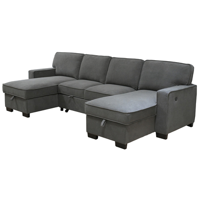 U-vormige sectioneel geslaapde bank met uittrekbaar bed en opslagstoel en USB-oplaadpoort en 1 omkeerbare drop-down tafel, grijs chenille