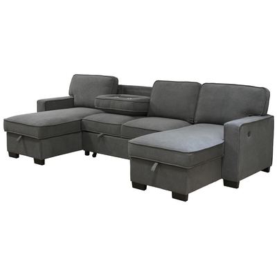 U-vormige sectioneel geslaapde bank met uittrekbaar bed en opslagstoel en USB-oplaadpoort en 1 omkeerbare drop-down tafel, grijs chenille