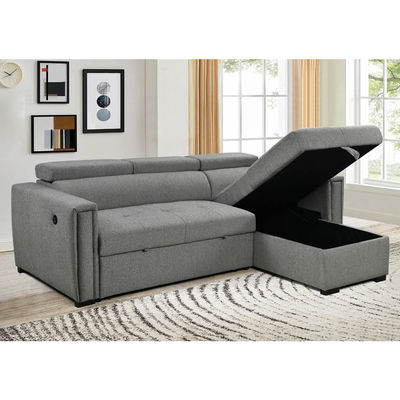 L-vormige omkeerbare slaapbank met uittrekbaar bed en opslagruimte en USB-oplaadpoorten, metalen grijze chenille