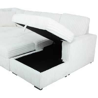 U-vormige slaapbank met uittrekbaar bed en opslagstoel stoelstoel en USB-oplaadpoort, beige corduroystof
