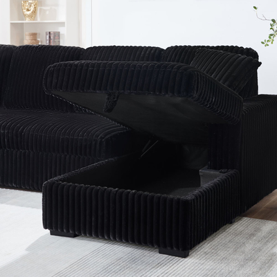 U-vormige sectioneel geslaapde bank met uittrekbaar bed en opslagstoel stoeltje lounge en USB-oplaadpoort, zwart corduroystof