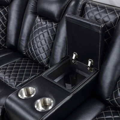 Power Recliner Hoekbank met 2 Power Recliner stoelen en 2 Power hoofdsteunen en opslagdoos en opslagarmen en LED-licht, zwart ademend leer