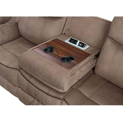 Recliner sofa set met drop-down tafel en lade en opslagdoos, bruin stof-achtig vinyl