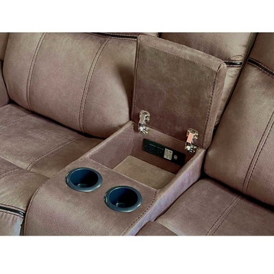 Recliner sofa set met drop-down tafel en lade en opslagdoos, bruin stof-achtig vinyl