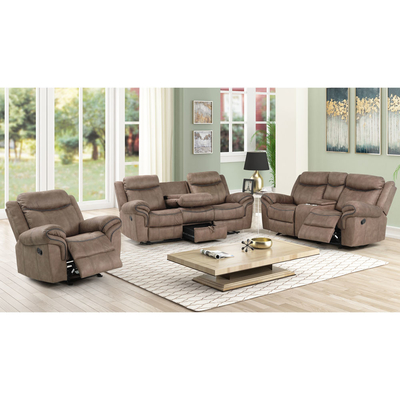 Recliner sofa set met drop-down tafel en lade en opslagdoos, bruin stof-achtig vinyl