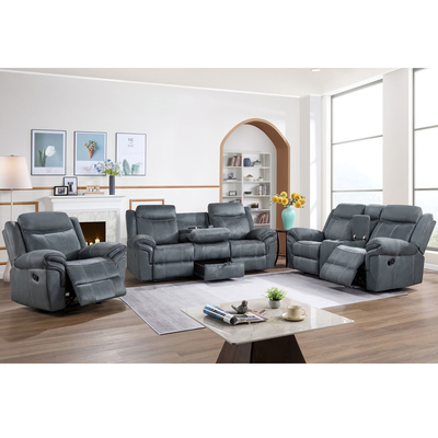 Recliner sofa set met drop-down tafel en lade en opslagdoos, grijs stof-achtig vinyl