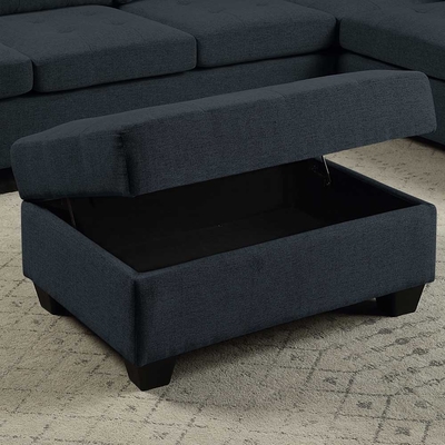 L-vormige sectiesofa met aftrektafel en omkeerbare stoel en opslag Ottomaanse, donkerblauw linnen