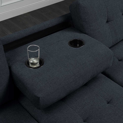 L-vormige sectiesofa met aftrektafel en omkeerbare stoel en opslag Ottomaanse, donkerblauw linnen