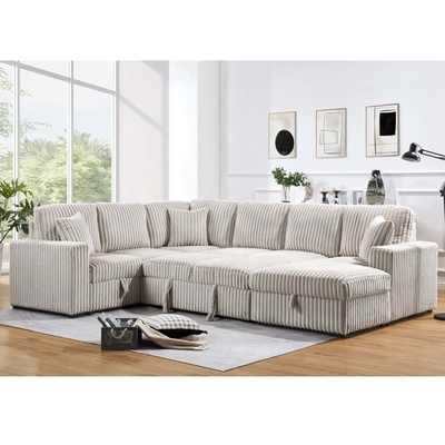 U-vormige sectioneel slaapbank met uittrekbaar bed en opslagstoel Lounge en opslagstoel Loveseat en USB-oplaadpoort, Khaki Corduroy stof