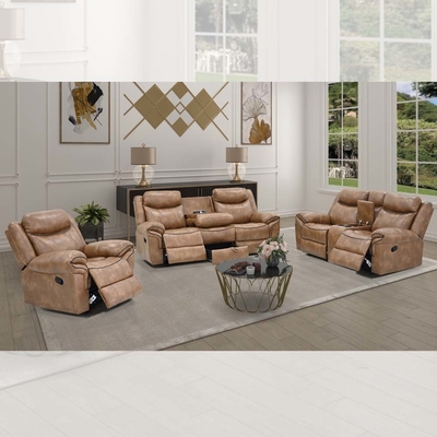 Recliner sofa set met drop-down tafel en lade en opslagdoos, bruin stof-achtig vinyl