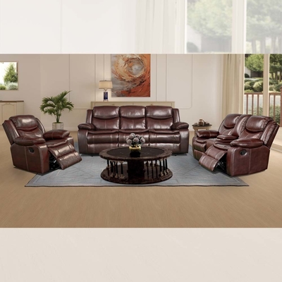 Recliner sofa set met drop-down tafel en opslagdoos, bruin ademend leer