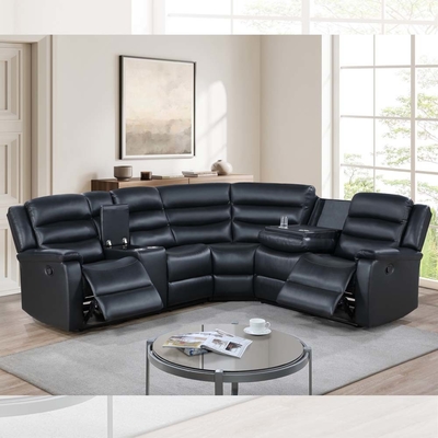 Leunstoelhoeksofa met aftrektafel en opslagdoos, zwart ademend leer
