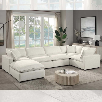 Sektionele modulaire bank met veren mengsel stoel kussen en kussens, beige linnen