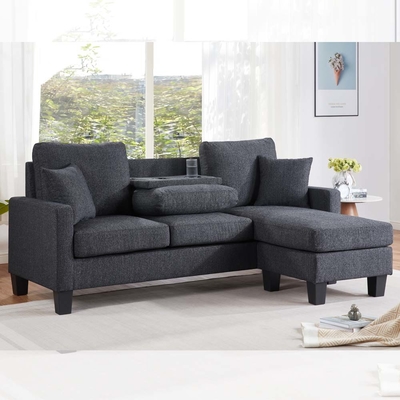 L-vormige sectiesofa met opklaarbare tafel en omkeerbare stoel en 2 kussens, donkergrijze chenille