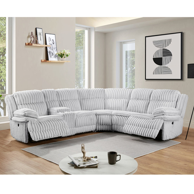 Power Recliner hoekbank met 2 power recliner stoelen en opslagdoos, grijs corduroy stof