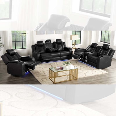 Power Recliner Sofa set met Power Recliner Seats en Power Headrests en Dropdown Table en Bluetooth Audio Speaker en Storage Box en Storage Arms en LED Light, Black Breathable Leatherette