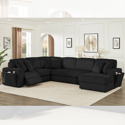 Recliner sofa set met verborgen cup holder en draadloze oplader, zwart corduroy stof