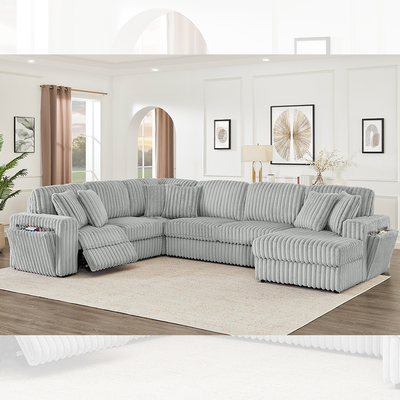 Recliner sofa set met verborgen cup holder en draadloze oplader, grijs corduroy stof