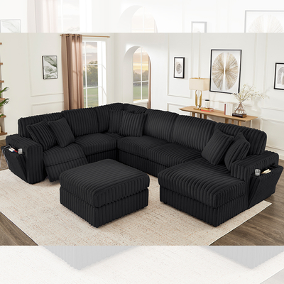 Recliner sofa set met verborgen cup holder en draadloze oplader, zwart corduroy stof