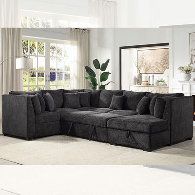 U-vormige hoekbank met slaapfunctie en uittrekbaar bed en opbergruimte in de chaise longue, zwarte stof