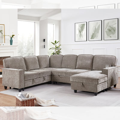 U-Shaped Sectional Sleeper Sofa with Pull Out Bed and Storage Chaise Lounge and Storage Loveseat and USB Charging Port, Light Brown Gray Chenille