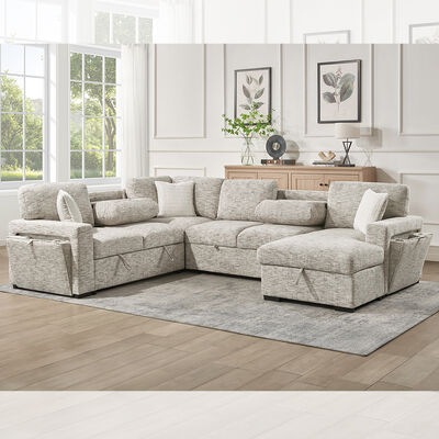 U-vormige slaapbank met uittrekbaar bed en tafel en stoorkamer stoelstoel lounge en stoorkamer liefdesstoel en bekkenhouders, beige stof