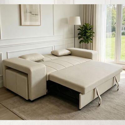 Queen size convertible slaapbank bed, comfortabel uittrekbed met verstelbare rugleuning, arm met Ottomans, beige Tech leer