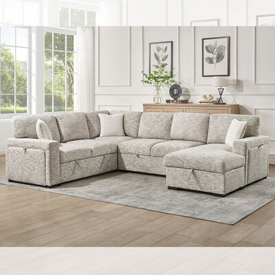 U-vormige slaapbank met uittrekbaar bed en tafel en stoorkamer stoelstoel lounge en stoorkamer liefdesstoel en bekkenhouders, beige stof