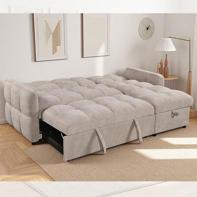 L-vormige slaapbank met uitschuifbaar bed en verstelbare rugleuning en opbergruimte, beige stof