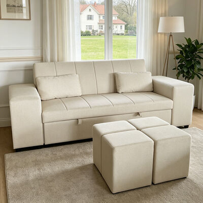 Queen size convertible slaapbank bed, comfortabel uittrekbed met verstelbare rugleuning, arm met Ottomans, beige Tech leer