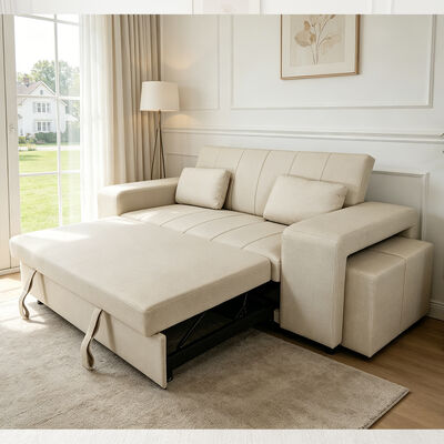 Queen size convertible slaapbank bed, comfortabel uittrekbed met verstelbare rugleuning, arm met Ottomans, beige Tech leer
