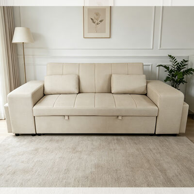 Queen size convertible slaapbank bed, comfortabel uittrekbed met verstelbare rugleuning, arm met Ottomans, beige Tech leer