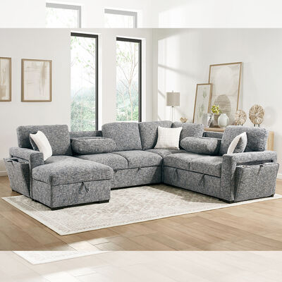 U-vormige slaapbank met uitschuifbaar bed en neerklapbare tafel en opbergruimte Chaise longue en opbergruimte loveseat en bekerhouders, marineblauwe stof