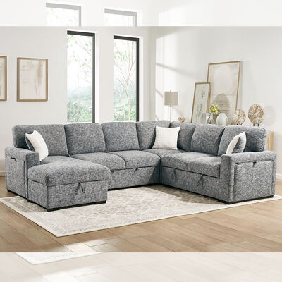 U-vormige slaapbank met uitschuifbaar bed en neerklapbare tafel en opbergruimte Chaise longue en opbergruimte loveseat en bekerhouders, marineblauwe stof