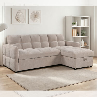 L-vormige slaapbank met uitschuifbaar bed en verstelbare rugleuning en opbergruimte, beige stof