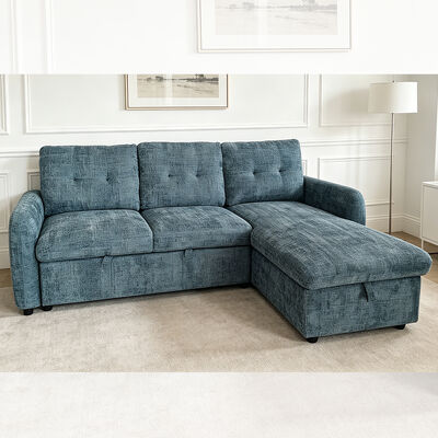 L-vormige omkeerbare slaapbank met uittrekbaar bed en tafel en opslagruimte, blauw stof