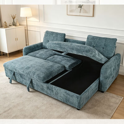 L-vormige omkeerbare slaapbank met uittrekbaar bed en tafel en opslagruimte, blauw stof