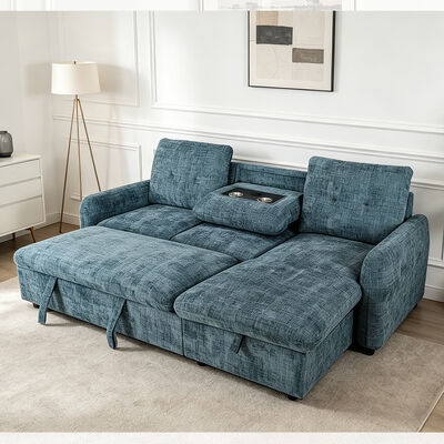 L-vormige omkeerbare slaapbank met uittrekbaar bed en tafel en opslagruimte, blauw stof