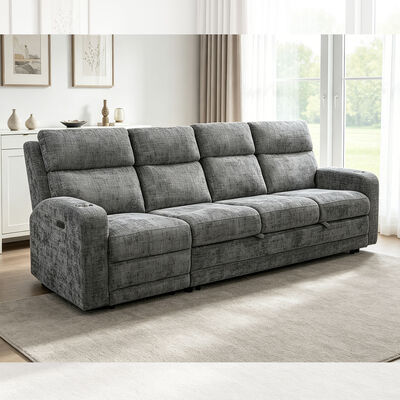 Grote sectioneel geslaapde bank met uittrekbaar bed en power recliner stoel, metalen grijs stof