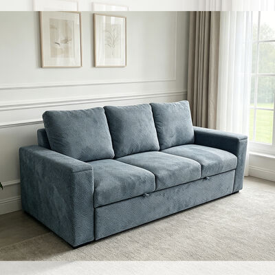 Futon-bankbed, converteerbaar slaapbankbed, comfortabel uittrekbaar bed met verstelbare rugleuning, arm met verborgen kopjeshouders van roestvrij staal, blauwe stof