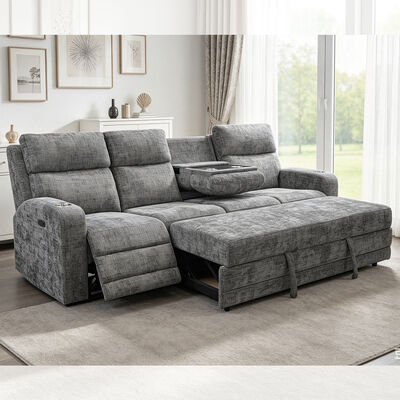 Grote sectioneel geslaapde bank met uittrekbaar bed en power recliner stoel, metalen grijs stof
